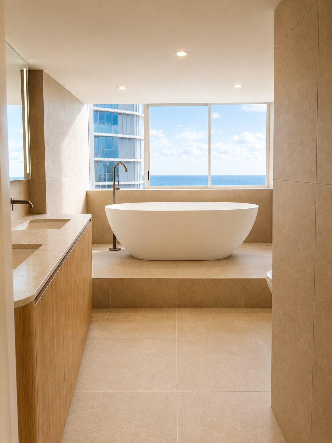 Apartment ensuite with limestone tiling and an ocean outlook